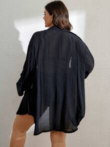 Swim Lushoire Summer Beach Plus Roll Tab Sleeve Pocket Patched Button Front Shirt Without Bra - Black - View 2
