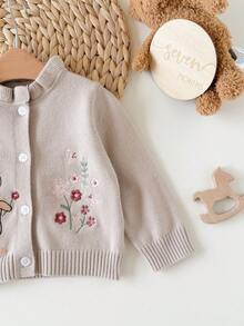 SHEIN 新生女嬰秋冬休閒兔與花朵刺繡開襟衫 - 卡其色 - 查看 5