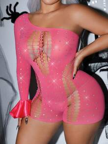 AltCore Rose Red High Elasticity One Size High Rhinestone Shiny Asymmetric Shoulder Single Piece Ruffle Water Sleeve Y2K Charming Personalized Dancer Plus Size Lingerie - Pink - View 1