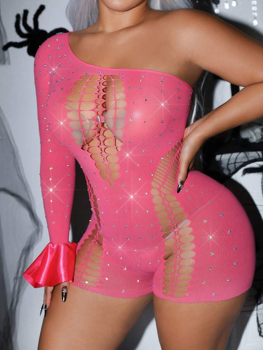 AltCore Rose Red High Elasticity One Size High Rhinestone Shiny Asymmetric Shoulder Single Piece Ruffle Water Sleeve Y2K Charming Personalized Dancer Plus Size Lingerie - Pink - View 1