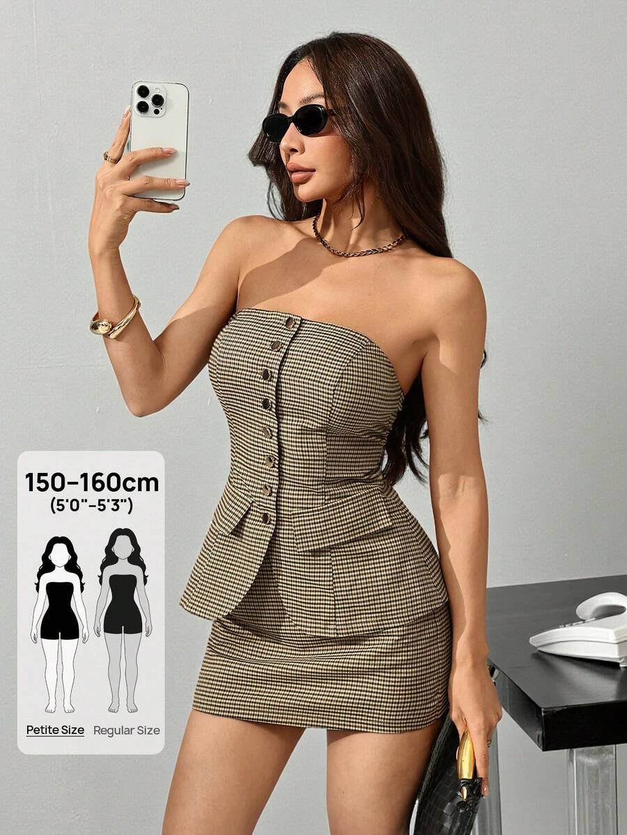 SHEIN PETITE 新款女款條紋抹胸上衣與迷你裙套裝，優雅女士兩件式套裝，適合辦公通勤