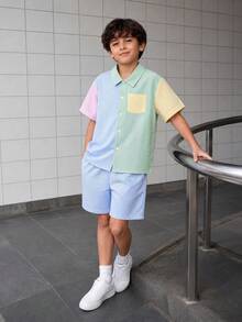 Vacaura 两件套男童休闲马卡龙蓝、粉色、黄色拼接纹理条纹衬衫搭配纯色条纹短裤套装，适合上学、度假等夏季穿着。 - 彩色 - 查看 3