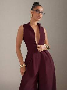 Hauture Extreme Wide Leg Zip Front Sleeveless Jumpsuit - Burgundy - View 5