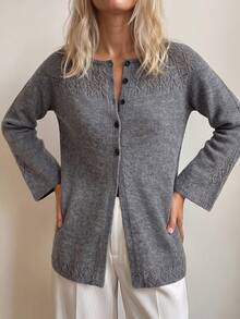 Sprig & Strand Cardigan Rajut Wanita Warna Abu-abu Bahan Linen, Leher Bulat, Motif Bunga Berongga, Lengan Panjang, Model Longgar dan Lembut - Grey - View 3