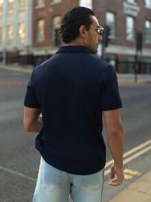 YOUESAWY YOUESAWY Men Solid Quarter Zip Polo Shirt, For Golf, Vacation, Father's Day Gifts, Football - Navy Blue - View 3