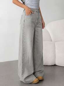 SHEIN Teen Girl Fashion Versatile Button Pocket Loose Fit Jeans - Light Grey - View 11