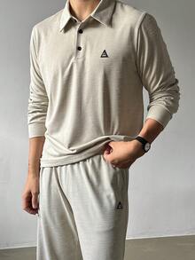 DAZY Spring/Autumn Solid Apricot Polo Top & Elastic Waist Long Pants Commuter Men's T-Shirt Set - Apricot - View 7