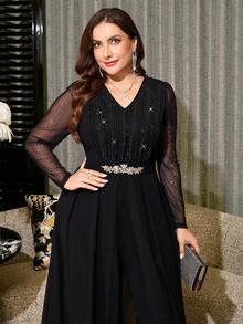 Reflora Mono casual de uso diario para mujer talla grande con cuello en V, patchwork de encaje y decoración de strass - Negro - Ver 6