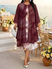 Fleurora Conjunto de 2 piezas de vestido con estampado de mármol & chaqueta transparente de talla grande - Burdeos - Ver 3