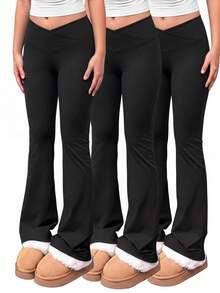 SHEIN Girlism 青少年女孩秋季新款 3件組黑色針織純色休閒百搭層搭交叉腰喇叭褲 - 黑色 - 查看 4