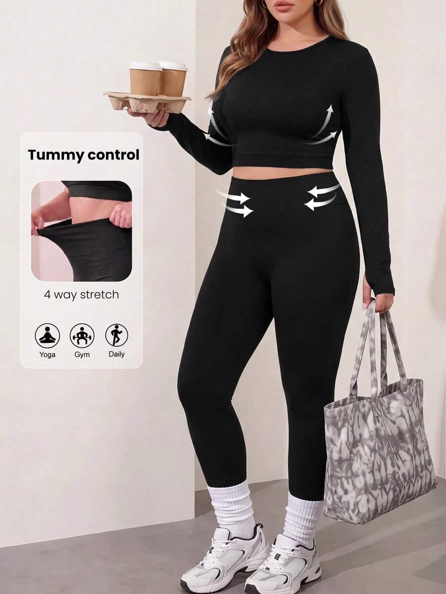 SHEIN Dewbera Set Olahraga Wanita Ukuran Besar, Kaos Lengan Panjang Warna Polos dan Legging untuk Musim Gugur - Hitam - View 1