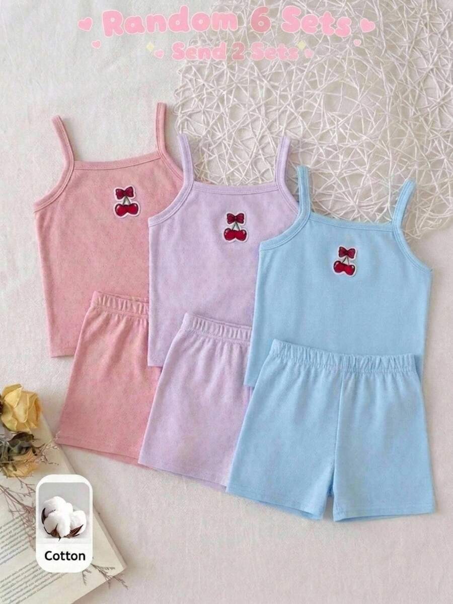 SHEIN Young Girls Kids Spring/Summer Camisole Tank Top & Shorts Set, Solid Color & Strawberry Print, 2-Piece Underwear Set - Multicolor - View 1