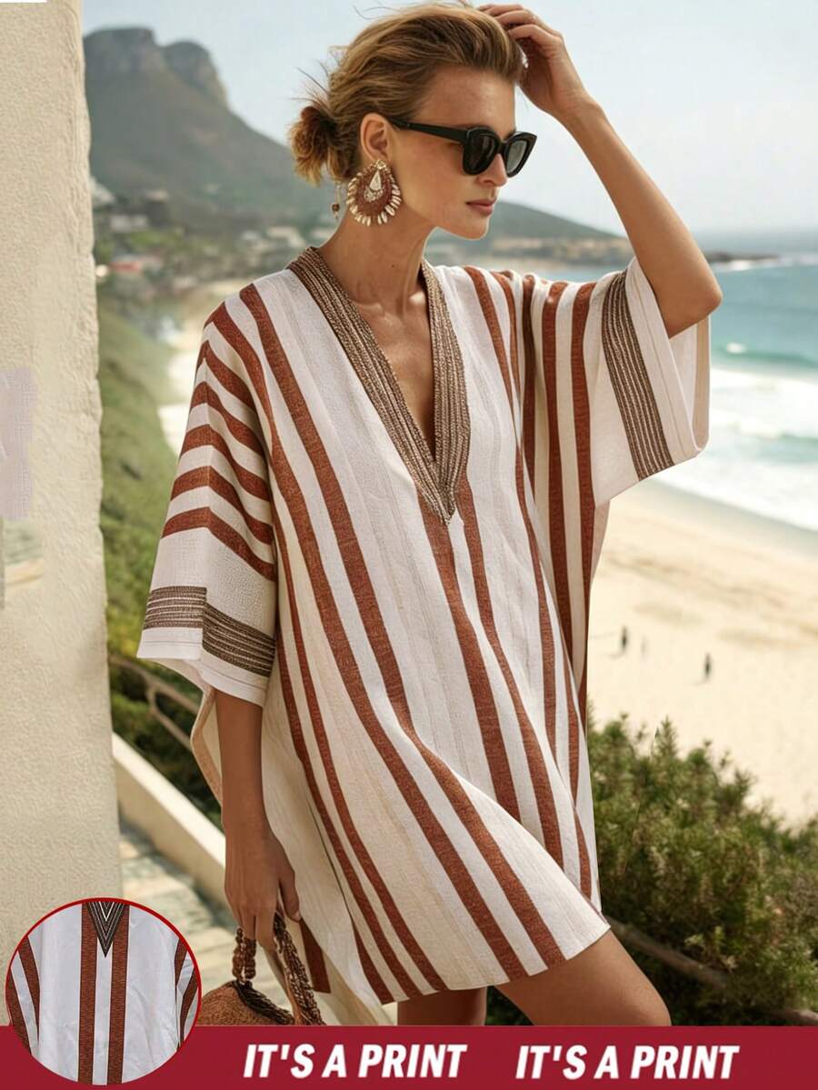Isle Nomé 女士夏季沙滩度假条纹V领宽松连衣裙 - 彩色 - 查看 1