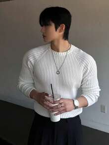 DAZY White Solid Color Slim Fit Raglan Sleeve Crew Neck Men's Sweater, Can Be Worn As Base Layer Or Outerwear Long Sleeve Tops - White - View 5