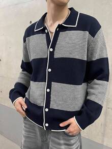 Manfinity Hypemode 男士秋冬休閒拼色拼接開襟羊毛衫 節日度假風 秋冬街頭穿搭 冬季 - 彩色 - 查看 1