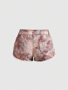 ROMWE Y2K Vintage Hot Girl Cashew Flower Paisley Retro Pattern Print Frayed Hem Ultra Low Waist Mini Denim Shorts - Brown - View 2