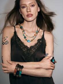 Noxbound 1 Piece, Bohemian Style, Women's Double-Layer Stacked Necklace, Multi-Color Pattern Resin Beads With Gold CCB Gold Chain, Can Show The Unique Charm Of - Turquoise - View 3