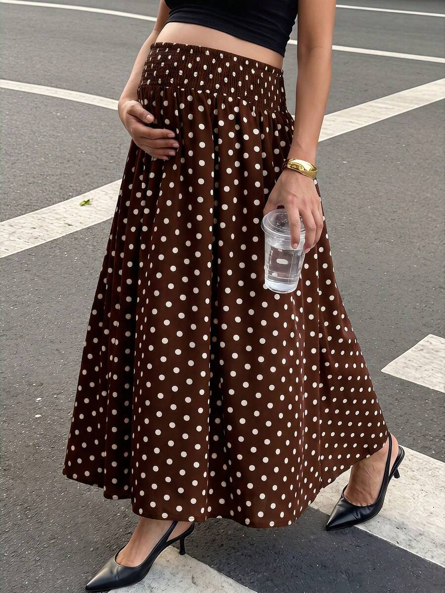 MaterniWear 優雅波點印花孕婦通勤長裙 秋季款 - 棕色 - 查看 1