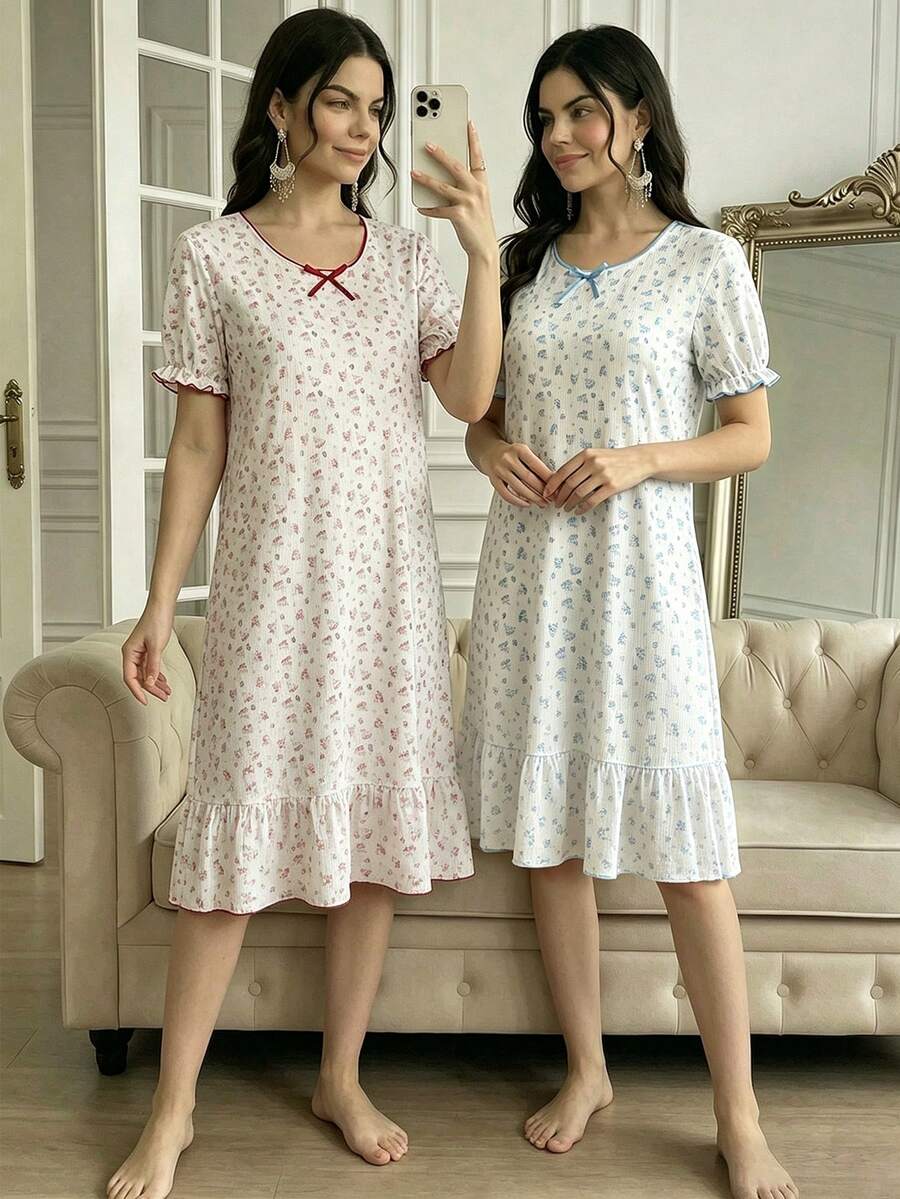 青少年女孩夏季可愛家庭套裝花卉印花長款睡袍居家服睡衣度假風短袖圓領羅紋針織洋裝 - 紅白色 - 查看 1