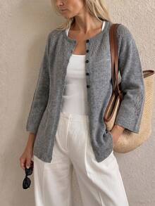 Sprig & Strand Cardigan Rajut Wanita Warna Abu-abu Bahan Linen, Leher Bulat, Motif Bunga Berongga, Lengan Panjang, Model Longgar dan Lembut - Grey - View 5