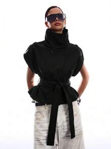 LYSMO Women's Fashion Black Double-Breasted Belted Trench Coat - Black - View 2