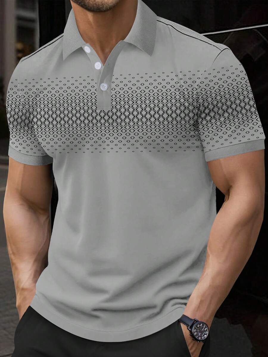 Manfinity Homme 男士幾何印花短袖休閒 Polo 衫 - 灰色 - 查看 1