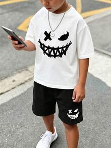 SHEIN 青少年男孩休閒簡約表情符號印花圓領短袖t恤和短褲2件套裝,夏季 - 彩色 - 查看 5