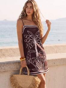 CAJUNI Vestido mini tropical con cuerda elegante para vacaciones - Marrón - Ver 4