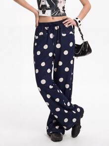 Bloopia Navy Blue Polka Dot Drawstring Waist Wide Leg 70's Inspired Casual Loose Sweatpants Y2k 2000s Autume/Summer Halloween Rock Concert Everyday Beach - Navy Blue - View 5