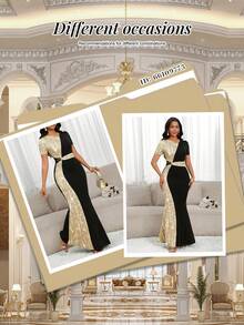 SHEIN Lady 女款優雅拼色亮片拼接魚尾長洋裝，適合生日/活動/辦公室/教堂/婚禮/假日/派對/正式/商務休閒/工作/新品/畢業/夏季穿著 - 彩色 - 查看 8