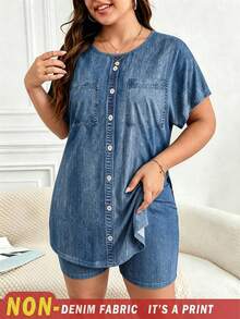 SHEIN Frenchy 大码女式时尚休闲牛仔效果衬衫短裤两件套 - 彩色 - 查看 1