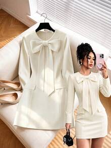GlowEve Women's Solid Color Elegant Round Neck Bowknot Long Sleeve Dress - White - View 5