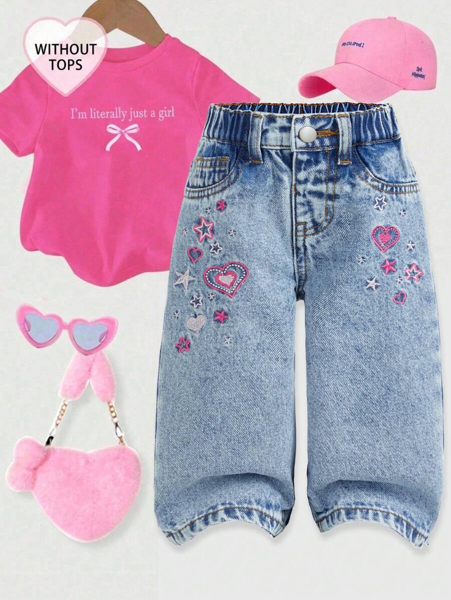 SHEIN 女嬰心形與星星刺繡圖案藍色牛仔寬鬆長褲