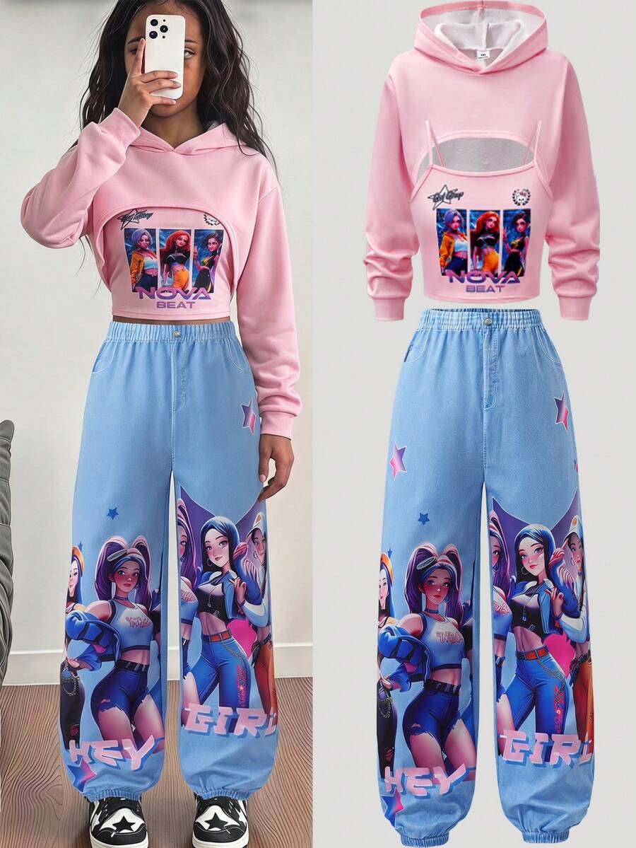 SHEIN ChillGRL 青少年女孩3件套針織字母印花衛衣、細肩帶背心上衣與工裝長褲,個性化K-Pop可愛粉色細肩帶套裝 - 藍色 - 查看 1