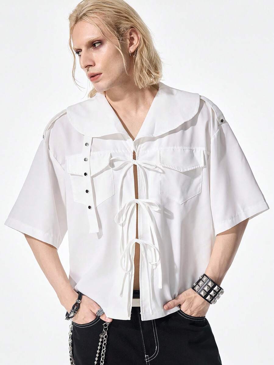 ROMWE MEN Street Life Men's Summer Fashion Solid Color Tie-Front Shirt - Apricot - View 1