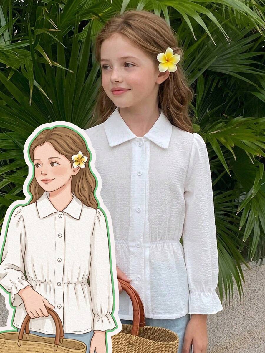 Hapijoa 少女秋季服飾 女孩大碼翻領短袖襯衫 夏季 - 白色 - 查看 1
