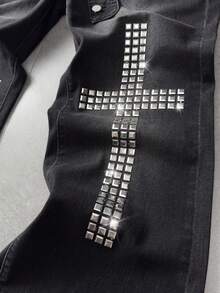 ROMWE MEN Men's Washed Rhinestone Decorated Metal Button Fashion Flare Pants - Black - View 8