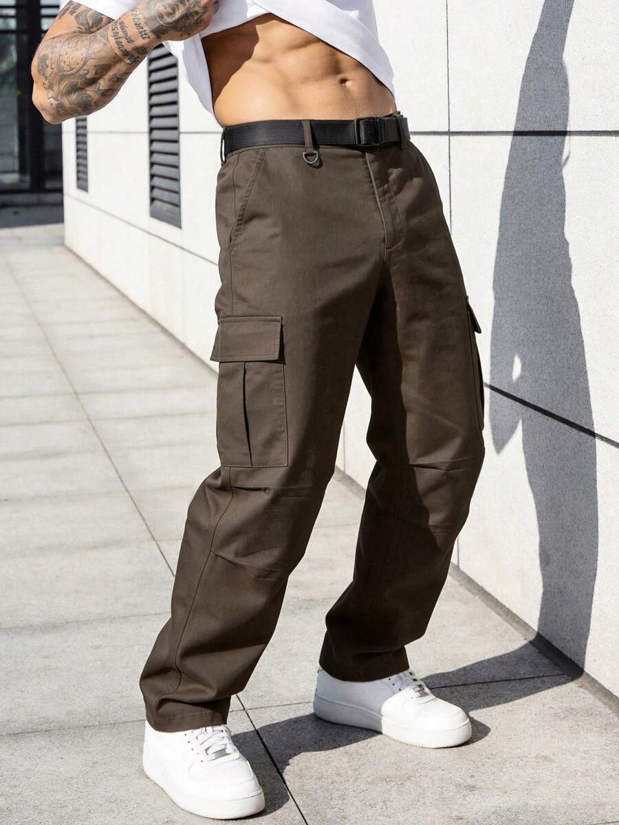 Manfinity Homme 男士黑色長褲,多口袋工裝褲,寬鬆休閒百搭時尚長褲 - 咖啡棕 - 查看 1