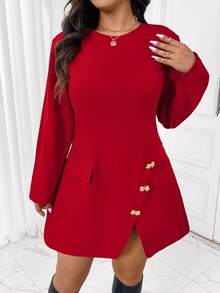 SHEIN Frenchy Elegant Minimalist Red Metal Buckle Waist A-Line Plus Size Dress, Suitable For Office, Commute, Party, Gathering, New Year, Christmas Fall - Red - View 7