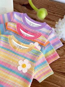 Kids Young Girl Casual Minimalist Cartoon Pattern Round Neck Short Sleeve Basic T-Shirt, Suitable For Spring/Summer, 3pcs -Piece Set - Multicolor - View 7