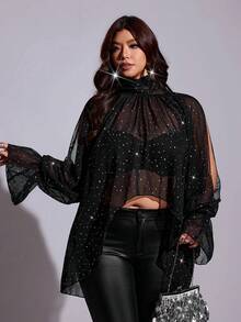 Viva Relle Blus Fashion Lengan Panjang Off-Shoulder Jala Rhinestone untuk Wanita Ukuran Plus - Hitam - View 4