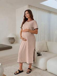 SHEIN 孕婦圓領短袖側開衩下擺休閒優雅寬鬆洋裝 拍照正式黑色夏季 - 粉色 - 查看 4