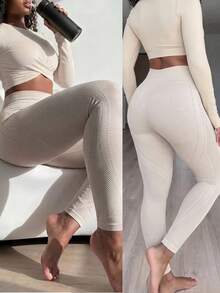 BamGleam Women's Seamless Sports Fitness Yoga Leggings/High Waist Tummy Control Butt Lift/Leg Hollow Line Design/Fashionable & Sexy/ - Grey - View 2
