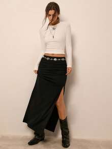 Freevana Black Cotton Blend Ruched High Waisted Side Slit Bodycon Maxi Skirt Sexy Fitted Long Skirt - Black - View 6