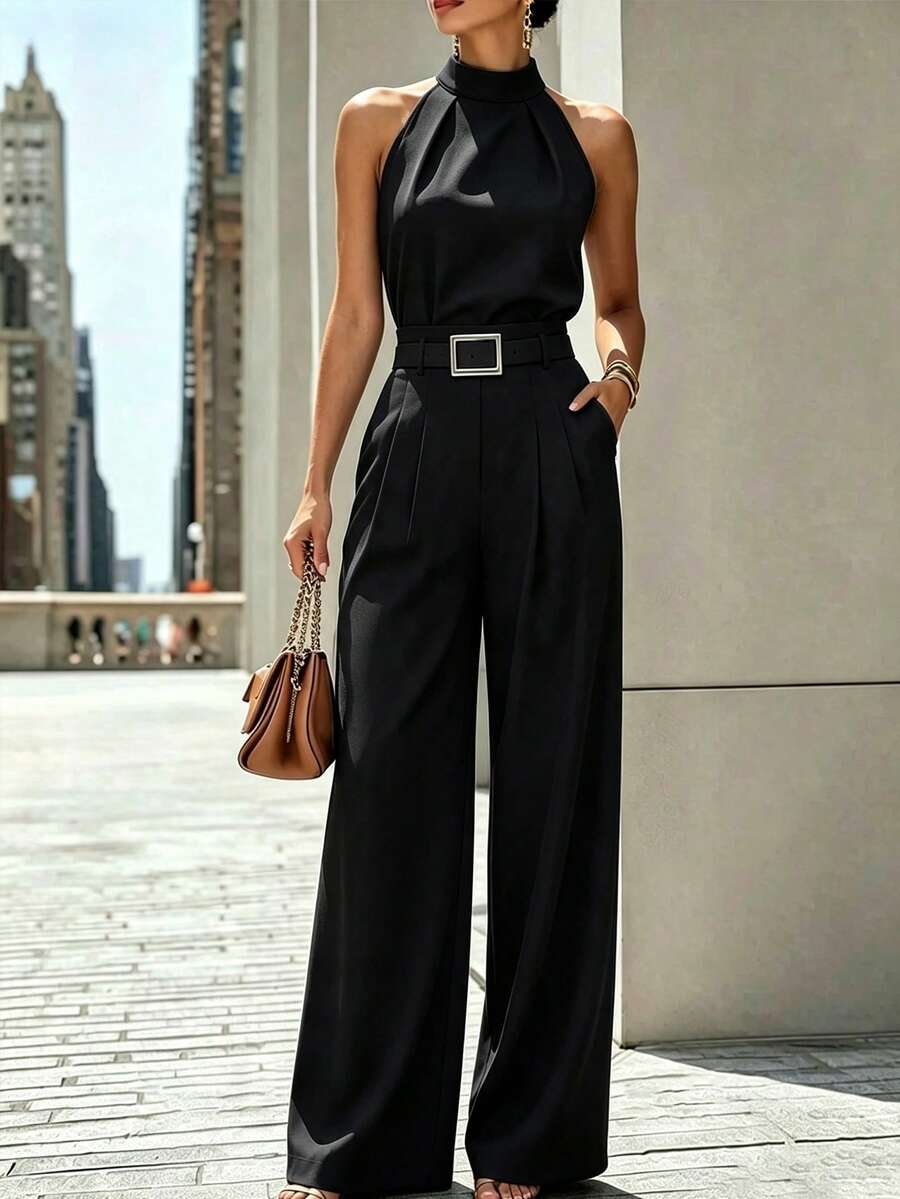 Zovinel Women's Solid Color Halter Top And Wide Leg Pants Casual Daily Set - Black - View 1