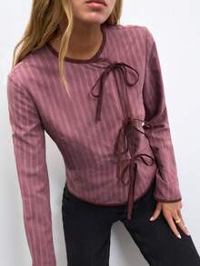 Nöista Vintage Pink Crossed Tie-Front Jacket With Contrast Piping In Burgundy Fashionable Elegant Chic Everyday Fall Autumn Winter Women's Jacket - Red Violet - View 3