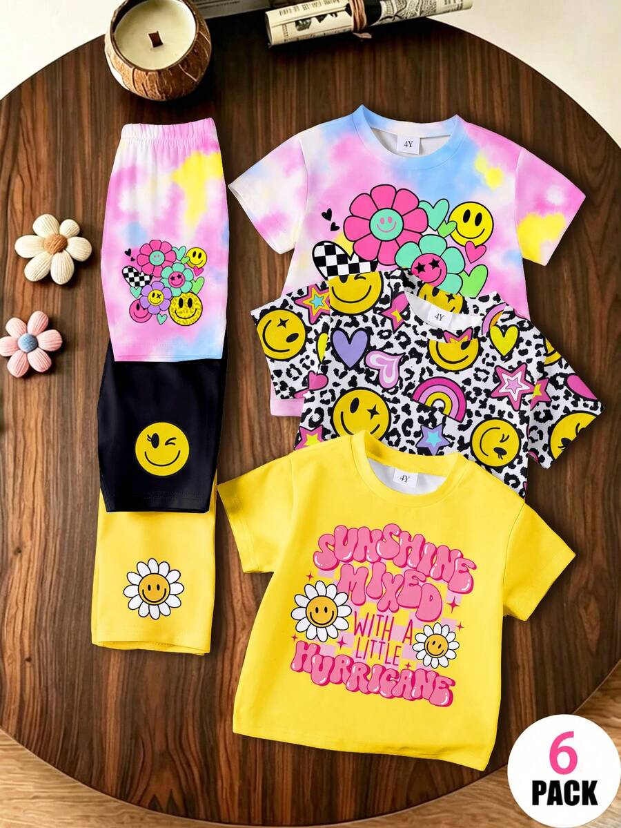 SHEIN Elladie kids 女童 6 件套時尚休閒套裝,包含紮染臉孔、豹紋臉孔、彩虹愛心與花卉臉孔字母印花短袖上衣、臉孔印花短褲,柔軟舒適,適合夏季外出穿著 - 彩色 - 查看 1