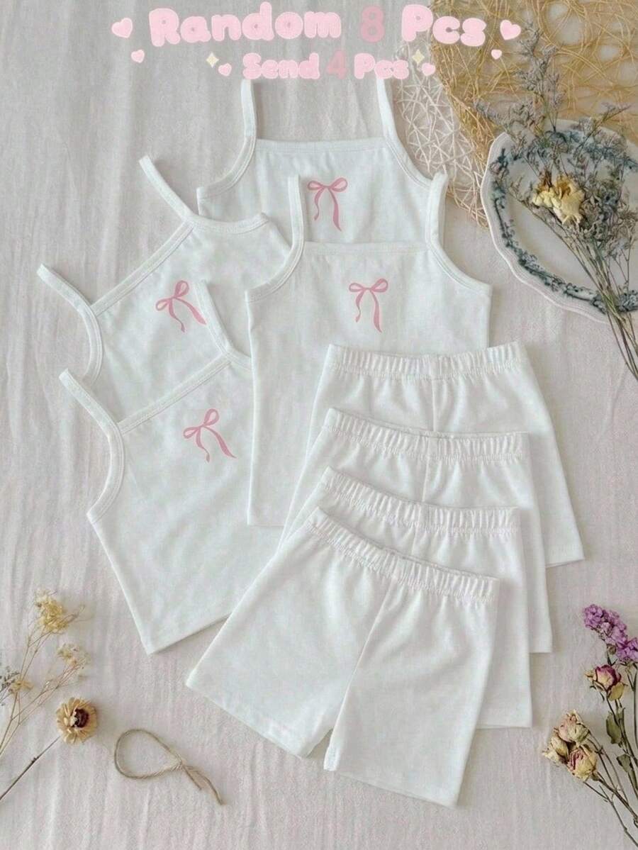 SHEIN 女童兒童春夏款細肩帶上衣與短褲套裝,純色與多色細肩帶上衣搭配蝴蝶結印花短褲,2件式內著套裝,四季皆宜 - 白色 - 查看 1
