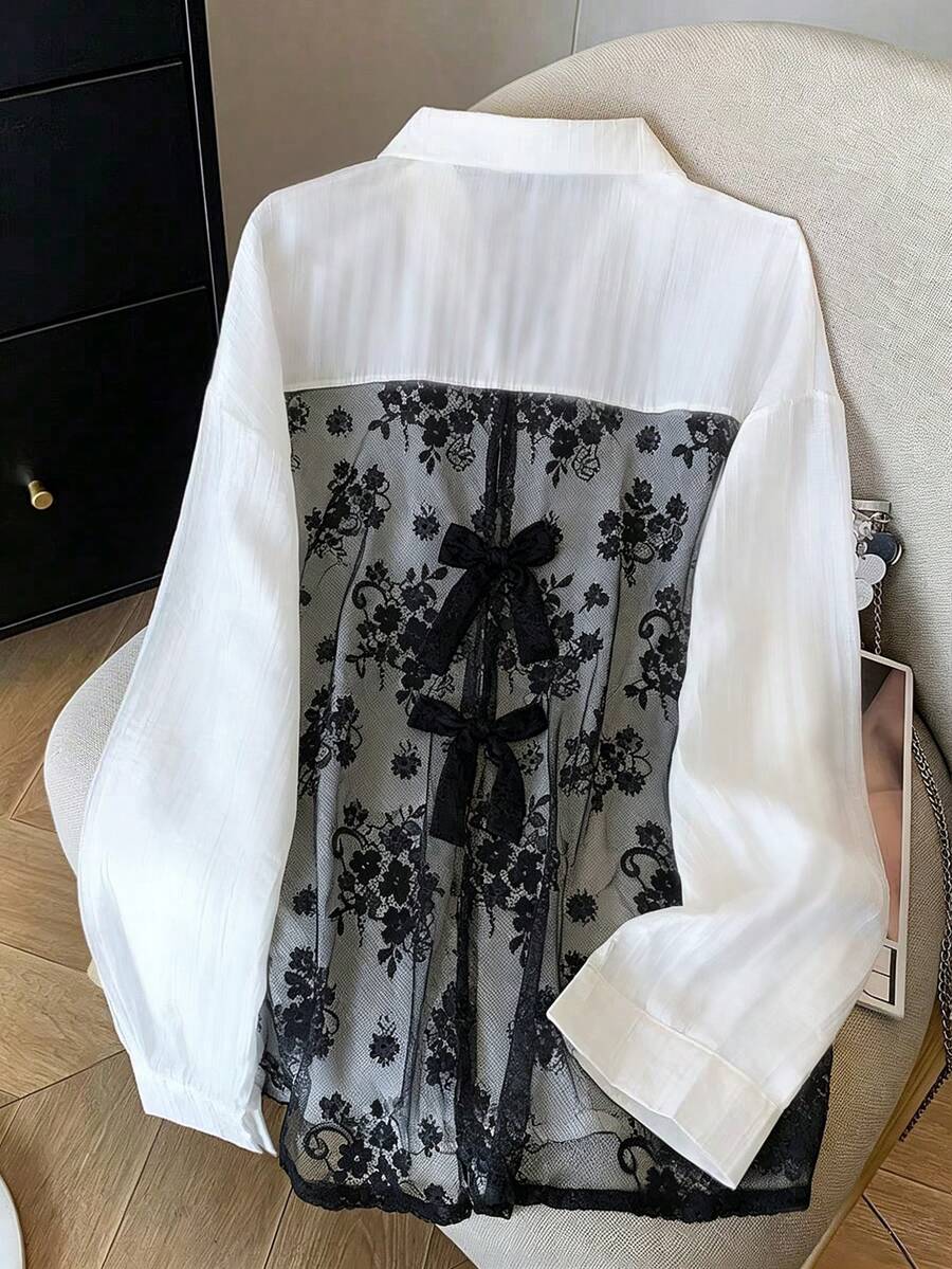 GlowEve 女款甜美法式蕾絲拼接口袋單排扣長袖襯衫 - 黑色 - 查看 1