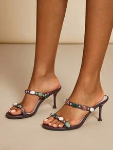 SHUZIA Sandal Wanita Minimalis Mewah dengan Hak Sedang 2,75 inci, Ujung Bulat, Sol Dalam Empuk, Tali Berhiaskan Manik-manik Permata, dan Bahan Kulit Imitasi Halus Warna Kopi – Bersih, Serbaguna & Elegan Tanpa Ribet - Coffee Brown - View 2